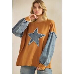 SAGE + FIG - Star Patchwork Pullover with Denim Sleeves